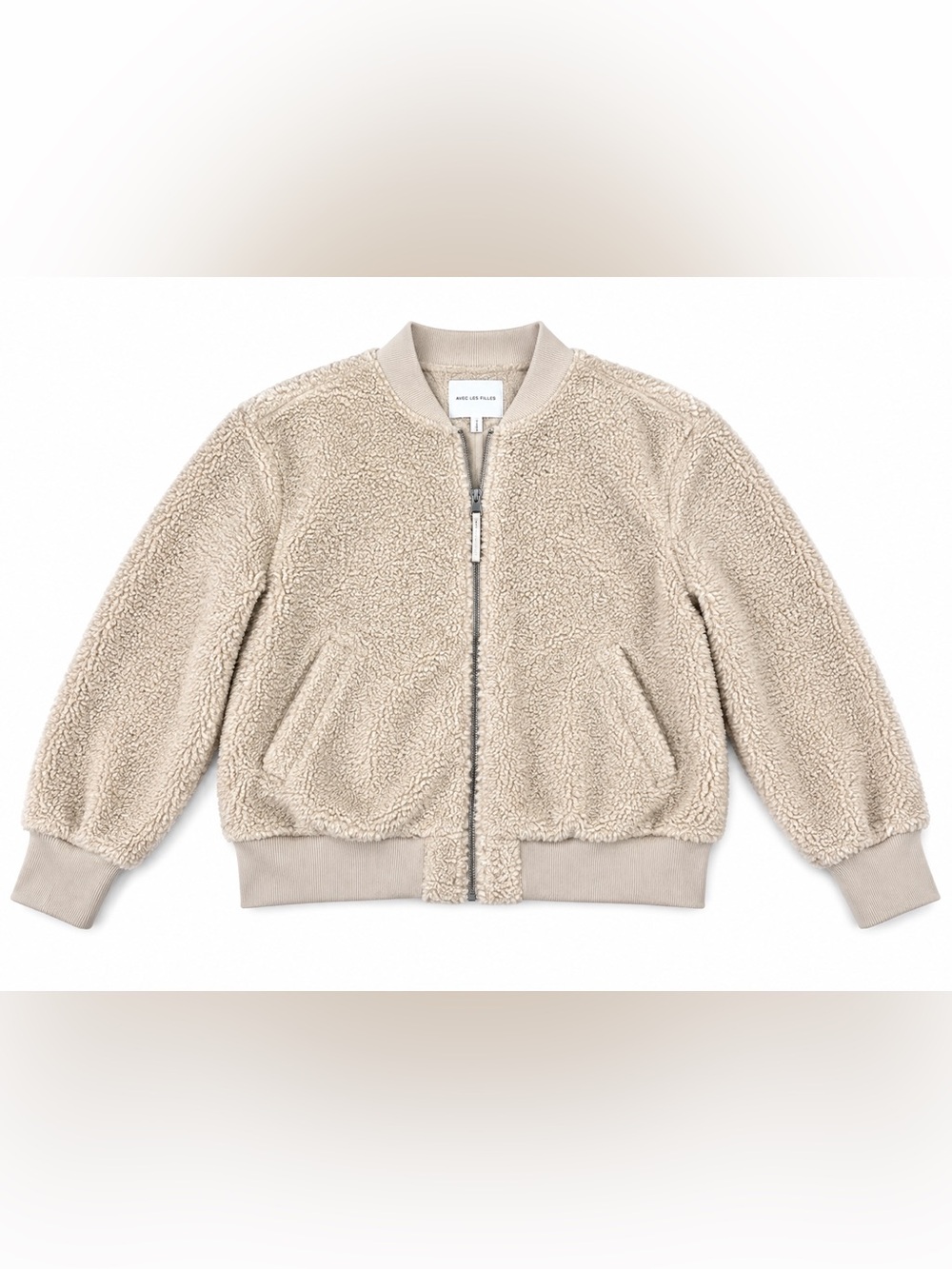 Avec Les Filles Cream Teddy Sherpa Bomber Jacket Cozy Fleece Quiet Luxury